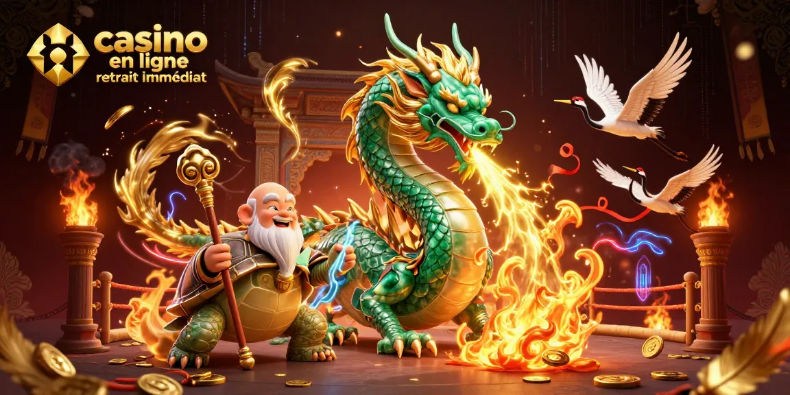 Jouez aux jeux de casino en ligne avec retrait immédiat illustré par des dragons et des opportunités dorées.