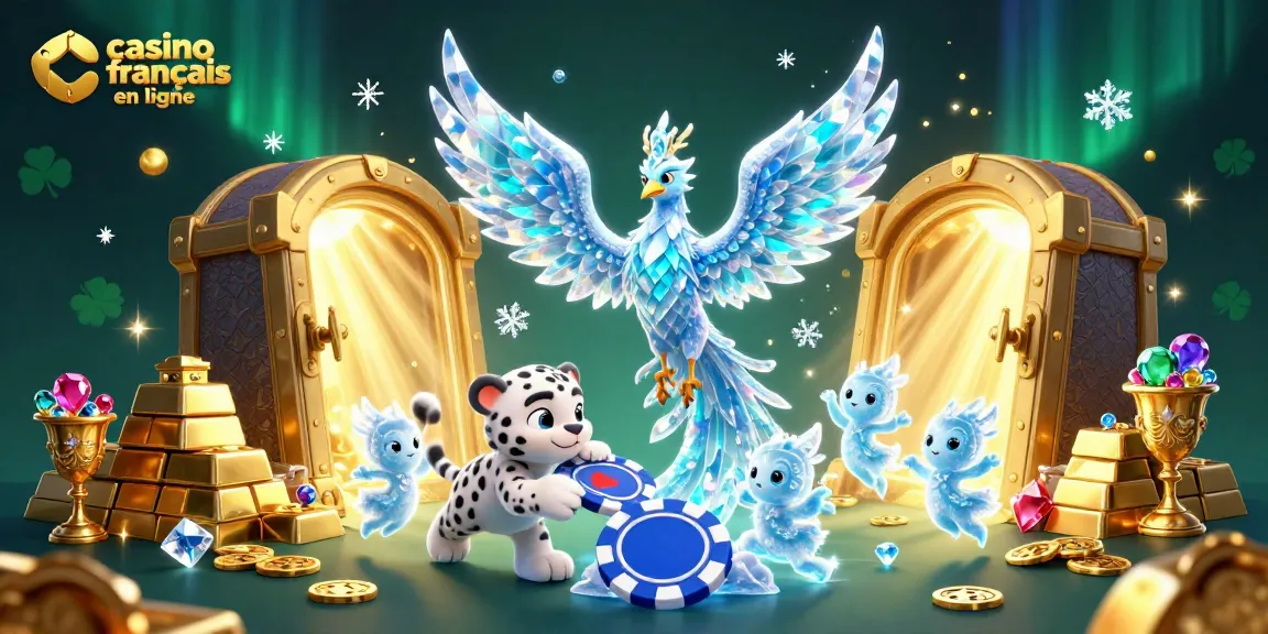 Illustration dynamique du casino français en ligne avec des éléments de jeux et des personnages en 3D.