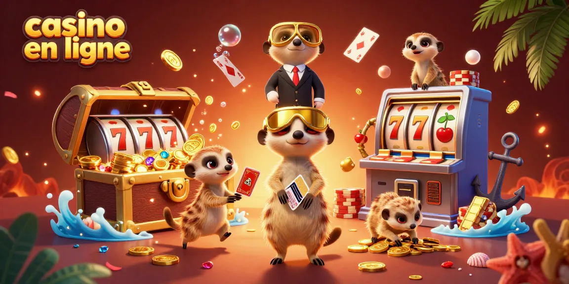 Casino en ligne : des suricates gèrent un casino coloré avec des rouleaux de machines à sous et des trésors.