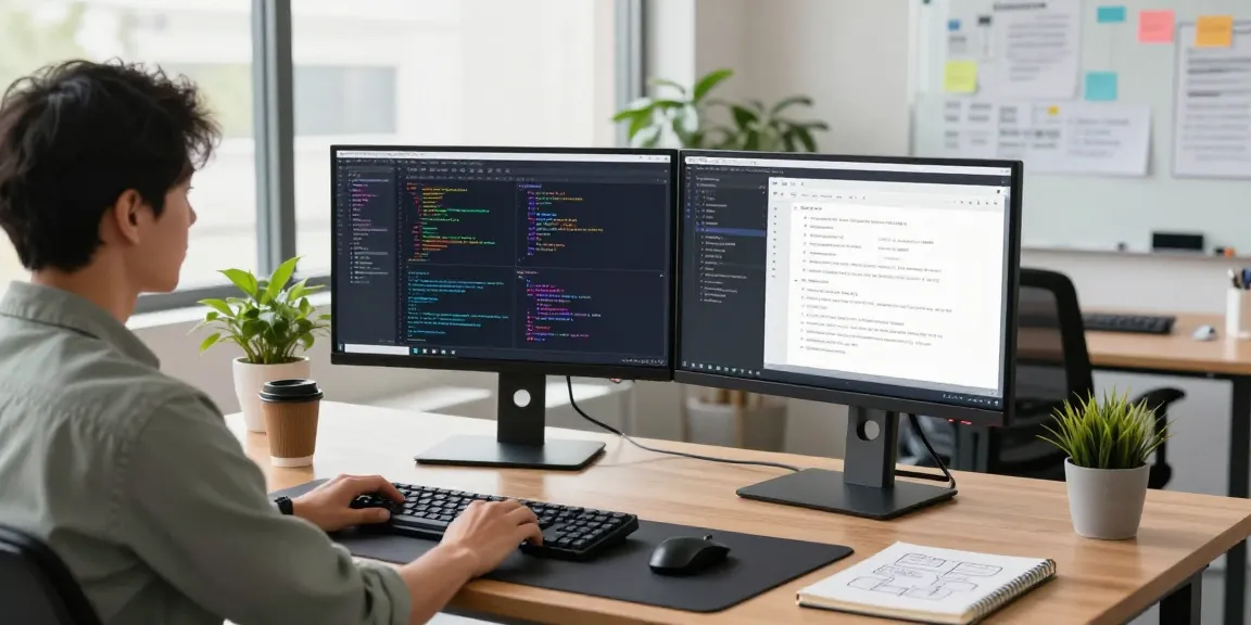 A dynamic tech workspace featuring a developer using a 截图软件 on dual monitors, showcasing code and app design with a professional atmosphere.