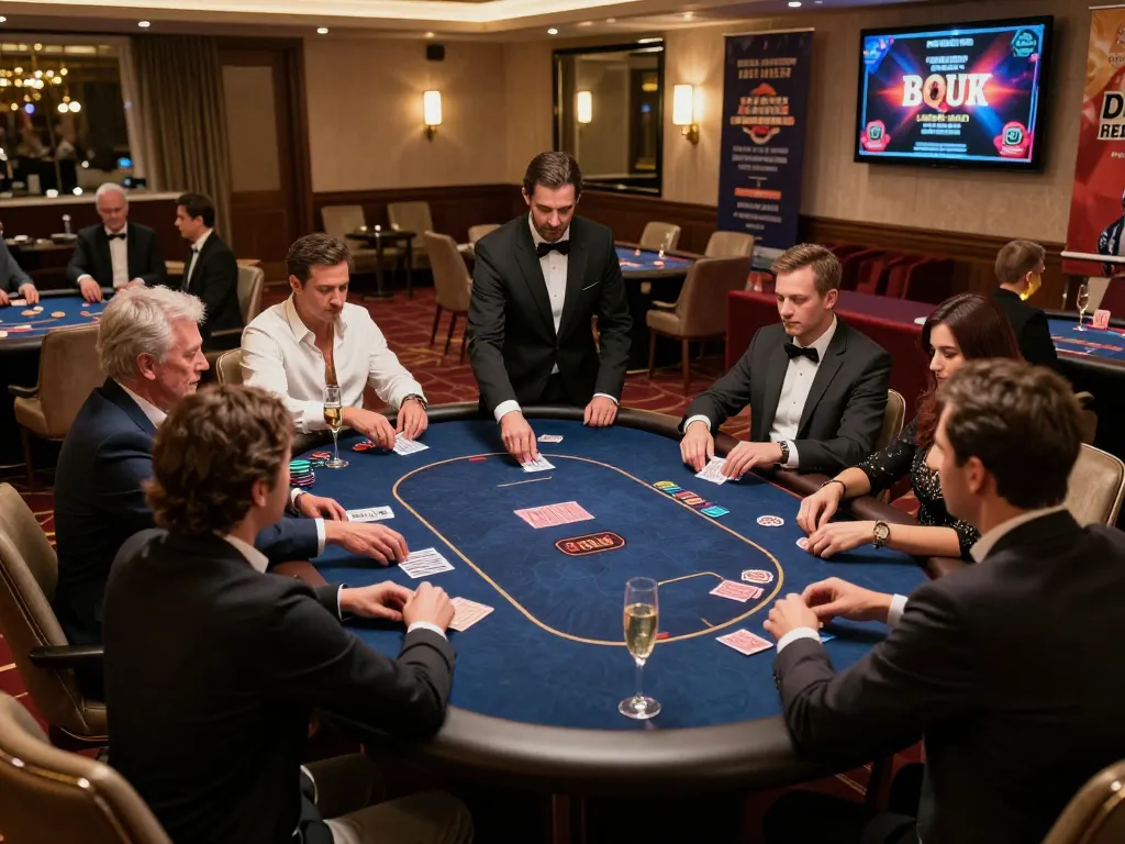 Engaged players at a white label casino poker table with luxurious decor and active gameplay.