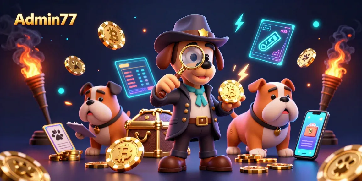 Admin77's cartoon detective investigates winnings in an engaging 3D gamified scene.