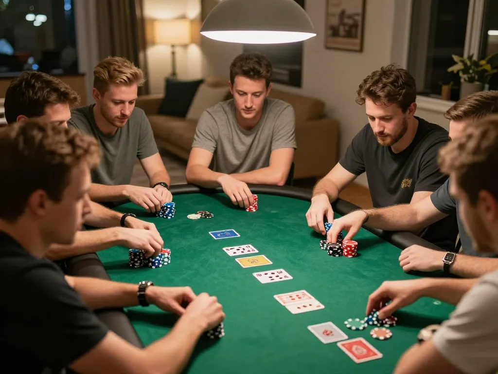 Players at a home poker game engaging with chips and cards, showcasing a vibrant atmosphere at 98win9.