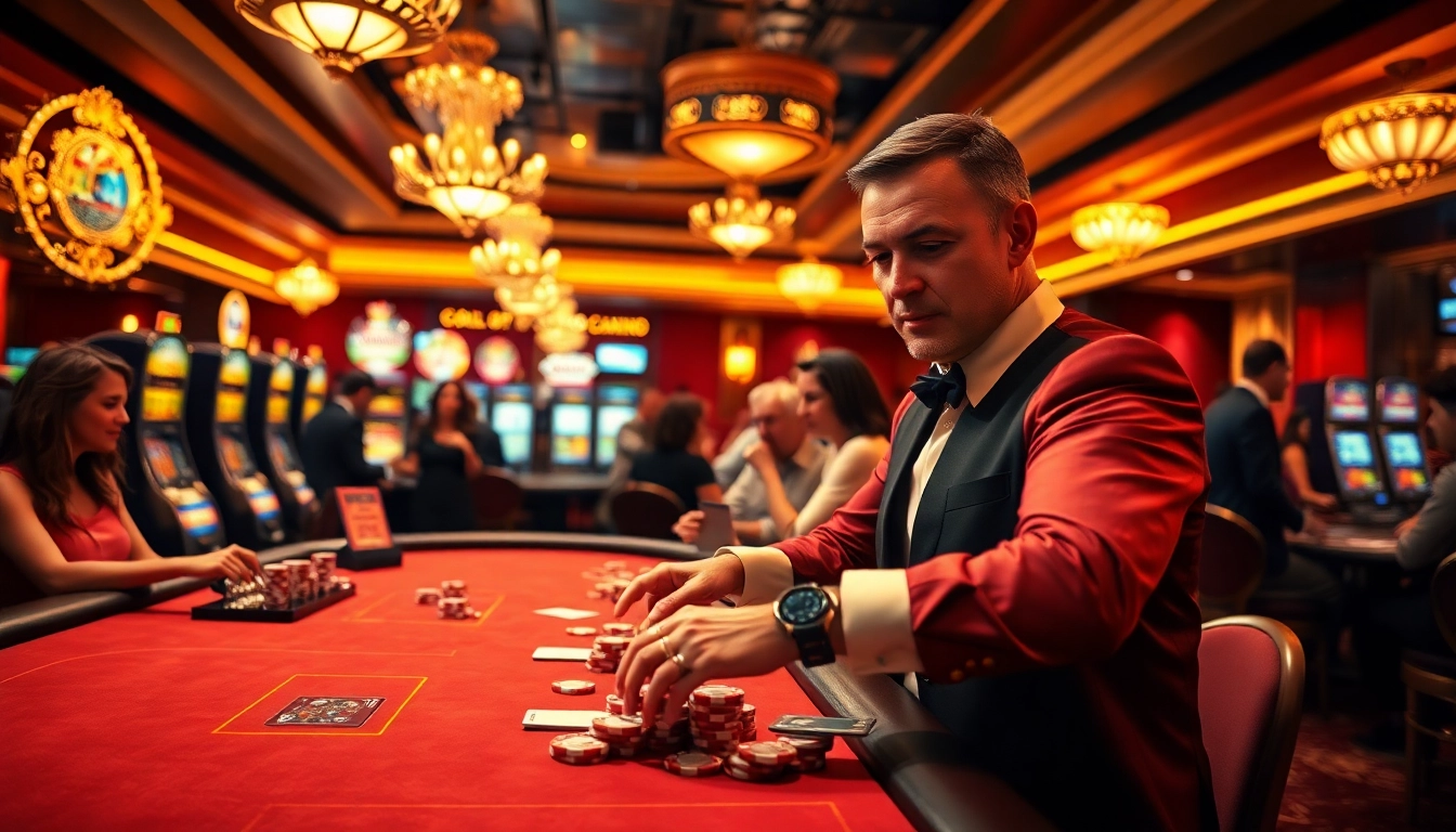 Main dealer showing QQWIN4D at poker table, surrounded by lively casino atmosphere.