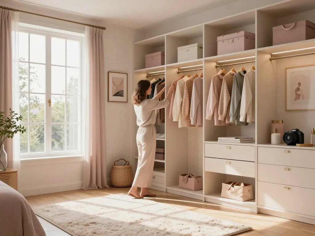 Walk-in Closet in Bedroom with stylish organization, natural light, and elegant design elements.
