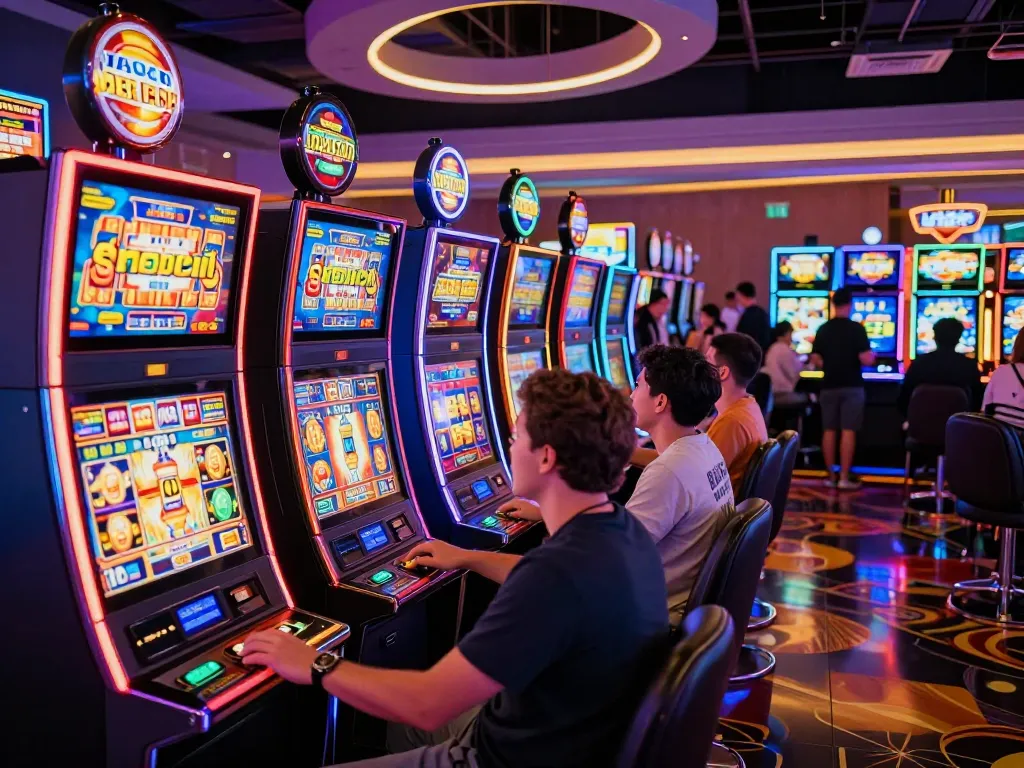 Players experiencing the excitement of slot gacor hari ini at a vibrant casino.