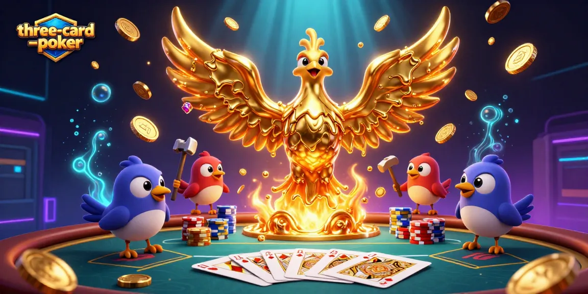 Engage in three-card-poker with dynamic character interactions amidst cascading coins and royal flush cards.