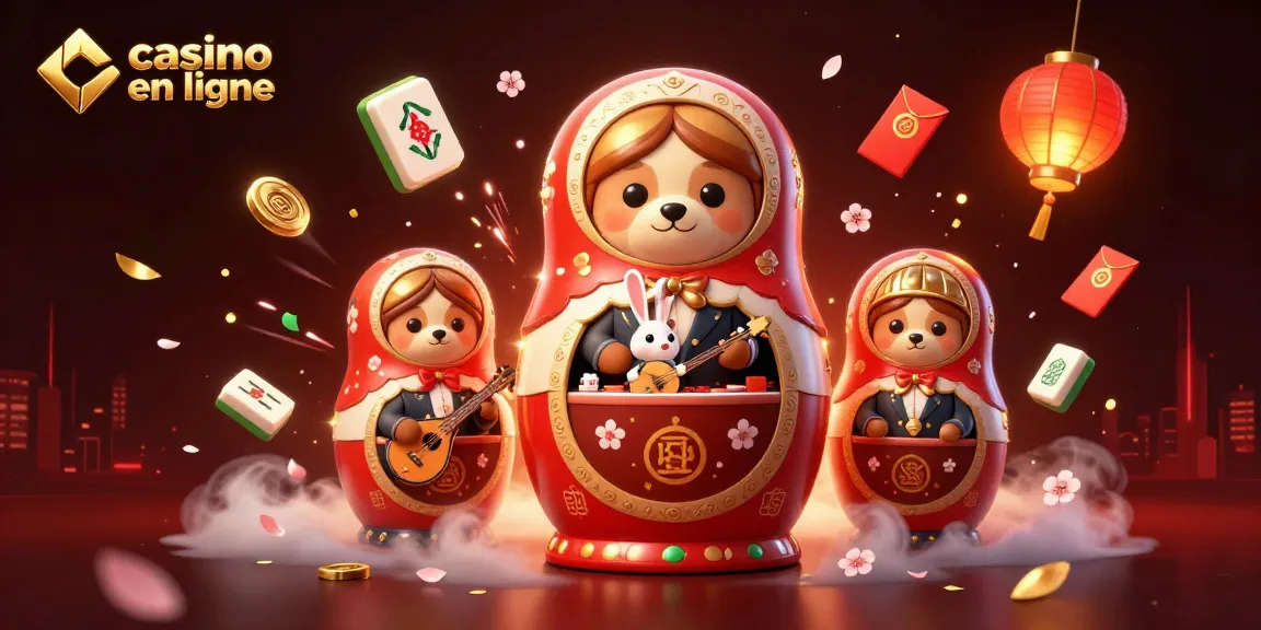 Jouez au casino en ligne avec des ours Matriochka en costumes de croupiers entourés de feux d'artifice.