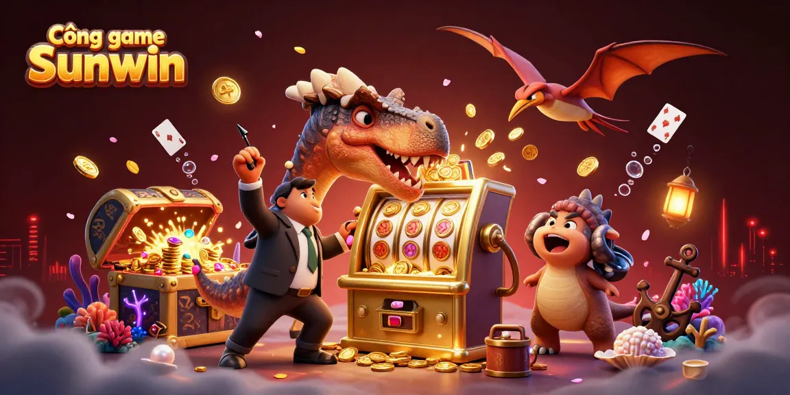 Cổng game Sunwin offers an exciting carnival of thrills as cartoon dinosaurs engage in casino action with slot machines and flying coins.
