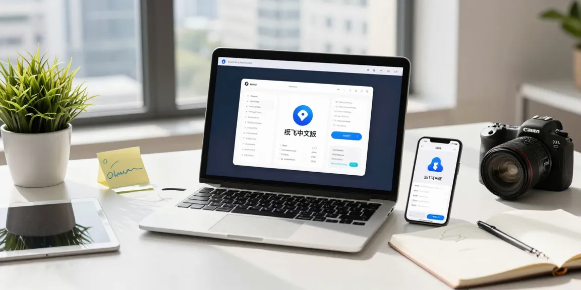 Engaging workspace featuring 纸飞机中文版 app on laptop and smartphone, promoting digital communication.