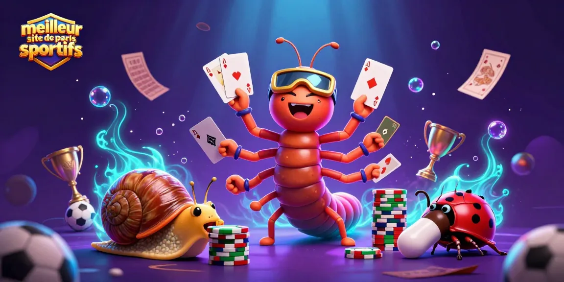 Illustration dynamique mettant en avant le meilleur site de paris sportifs avec un mille-pattes et un escargot parieur entourés d'éléments de paris.