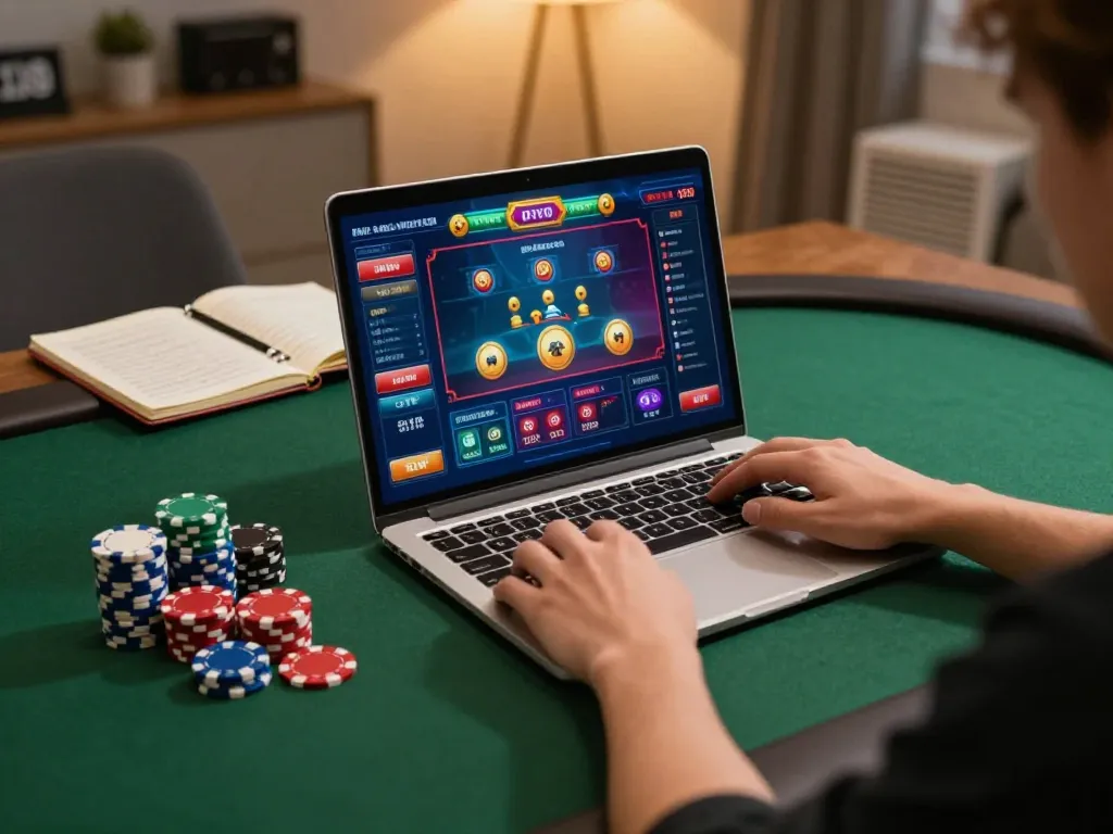 Player engaging in online gaming at home using RR88 SELECT interface with vibrant graphics and poker chips.