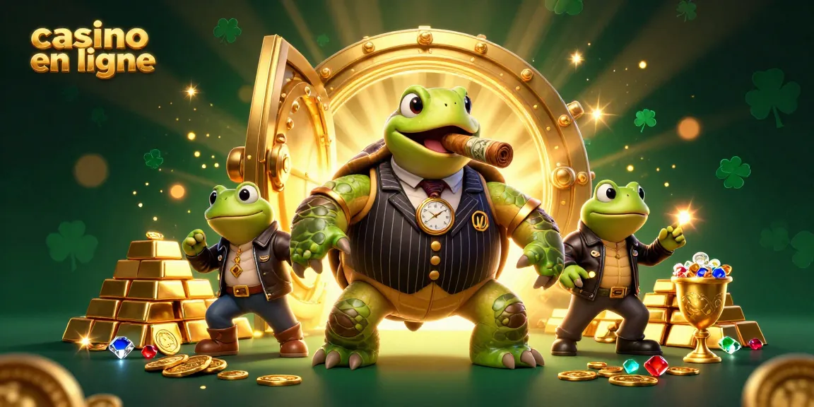 Jouez au casino en ligne avec un personnage tortue massive et des grenouilles en costume sous des lumières étincelantes.