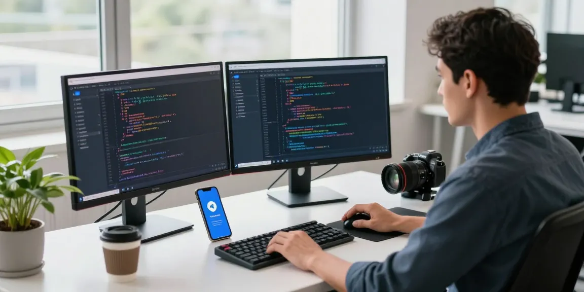 Engaging coding scene with 纸飞机中文版 displayed on monitors in a modern workspace.