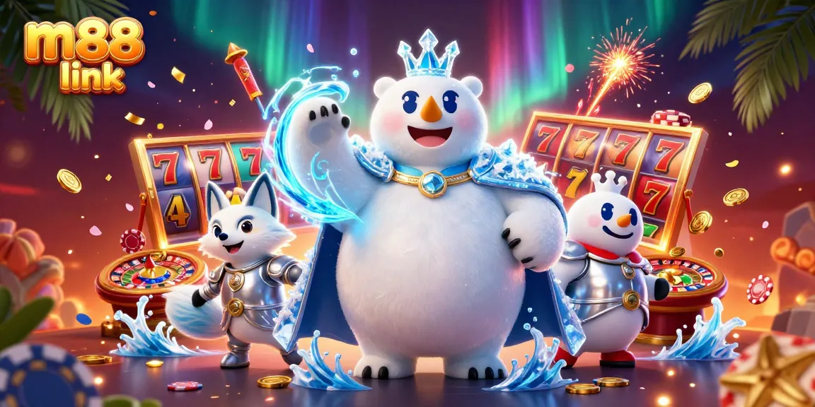 Experience thrilling adventures with m88 link, featuring exciting slot reels and a regal ice king character.