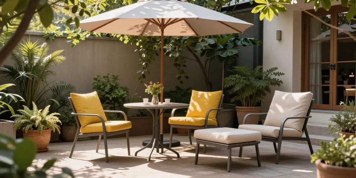Charming small patio furniture sets with vibrant cushions under a light gray umbrella, perfect for outdoor relaxation.