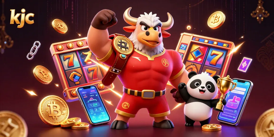 Experience thrilling gameplay at KJC with a victory bull mascot, eagle, and panda surrounded by dynamic slot elements.