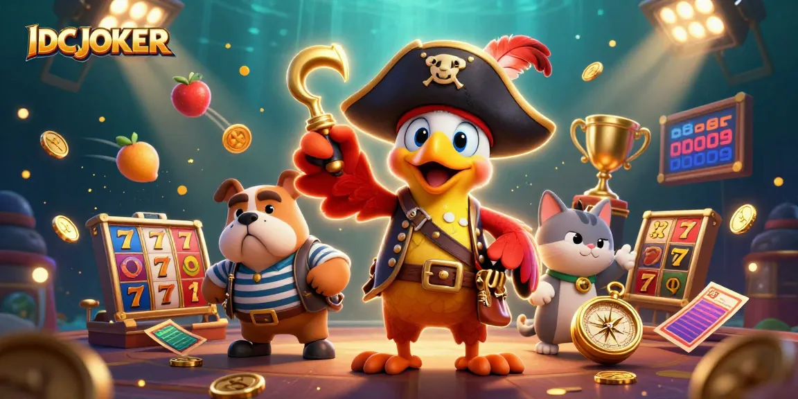IDCJOKER showcases a lively casino scene with vibrant slot elements and animated characters.