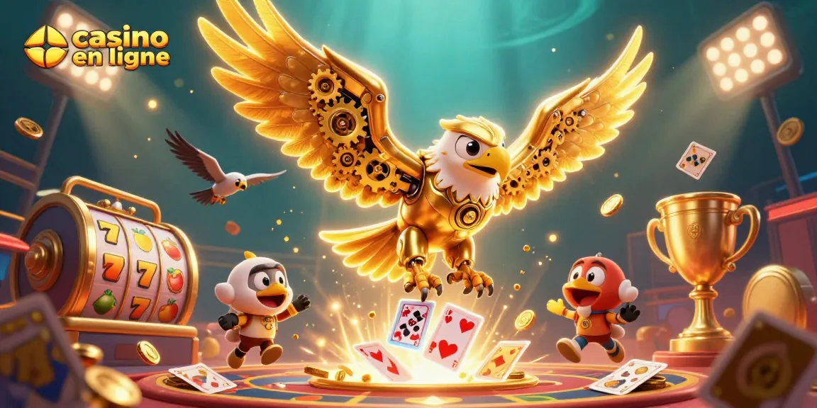 Plongez dans l'univers du casino en ligne avec un aigle cybernétique et des éléments de jeu captivants.