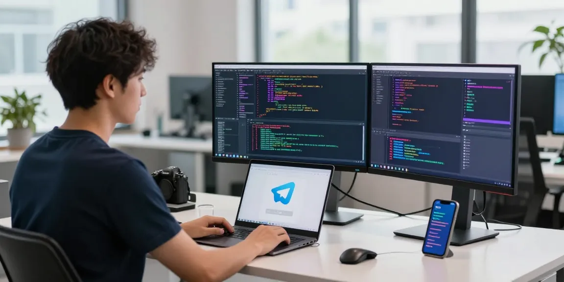 Programming workspace with telegramin-cn.com app interface on screens and modern office setup