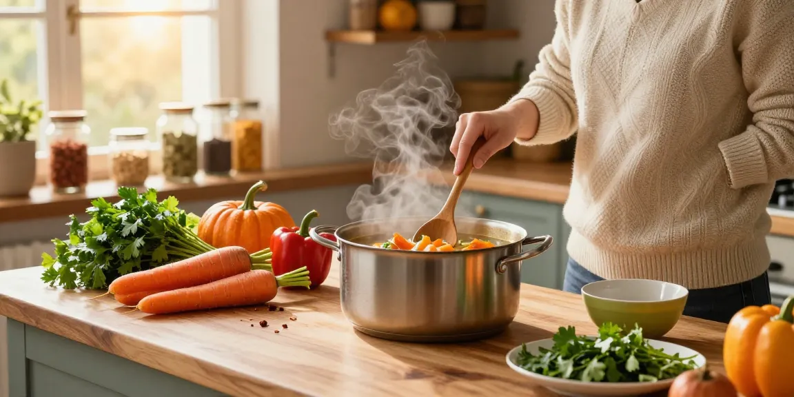 Leckere vegetarische Suppe, die mit frischem saisonalem Gemüse zubereitet wird, perfekt für eine gemütliche Herbstmahlzeit.
