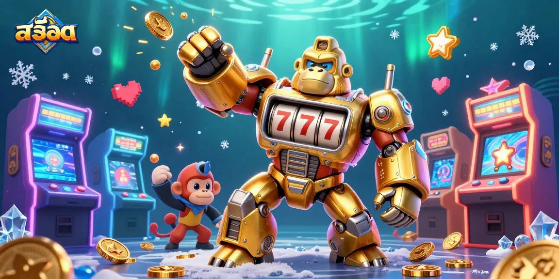 Engage with สล็อต gameplay through a vibrant 3D illustration of a golden gorilla mech and arcade elements.