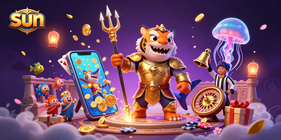 Experience the thrilling sun-inspired casino scene with a shark gladiator, interactive gaming elements, and vibrant energy.