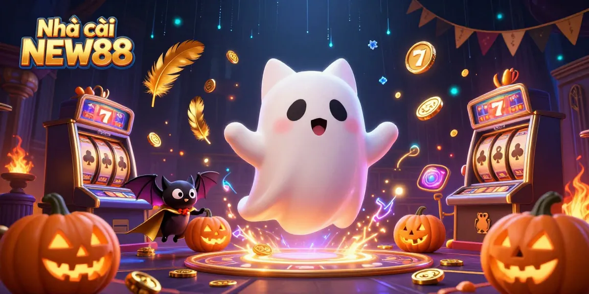 Experience the thrill of Nhà cái NEW88 with our vibrant casino scene featuring a ghost cat and vampire bat.