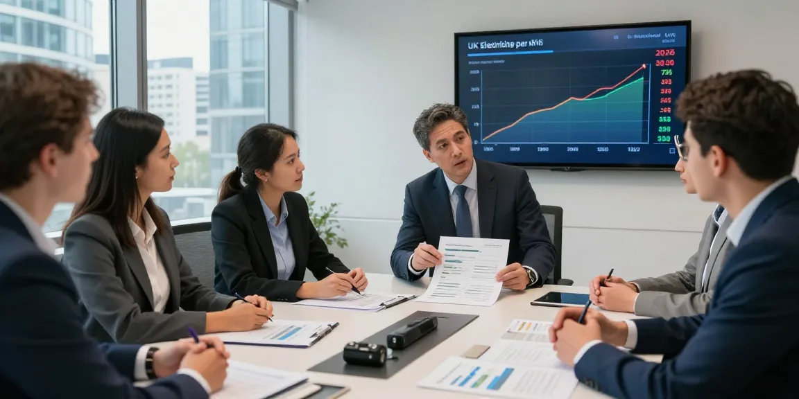 Exploring uk electricity price per kwh 2026 trends in a business meeting.