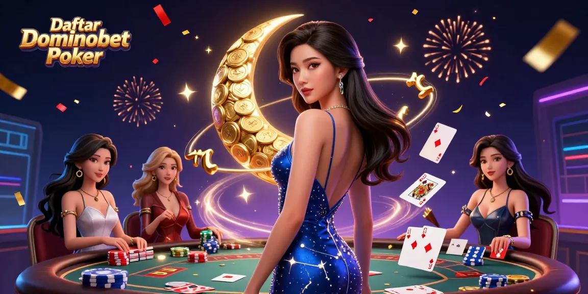 Join the thrilling game atmosphere with Daftar Dominobet Poker featuring poker elements, vibrant colors, and festive effects.