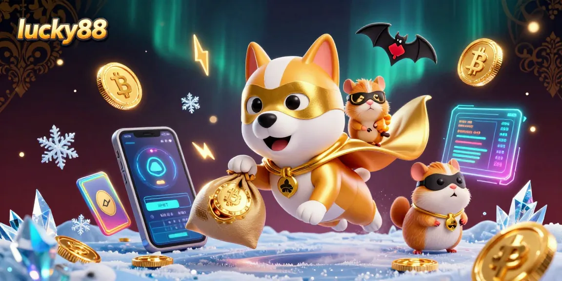 Engage with lucky88 in this vibrant casino scene featuring a superhero dog with gold coins.