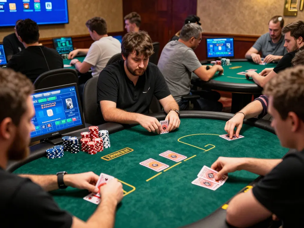 rik vip players engaging in a dynamic online poker session using tablets and laptops