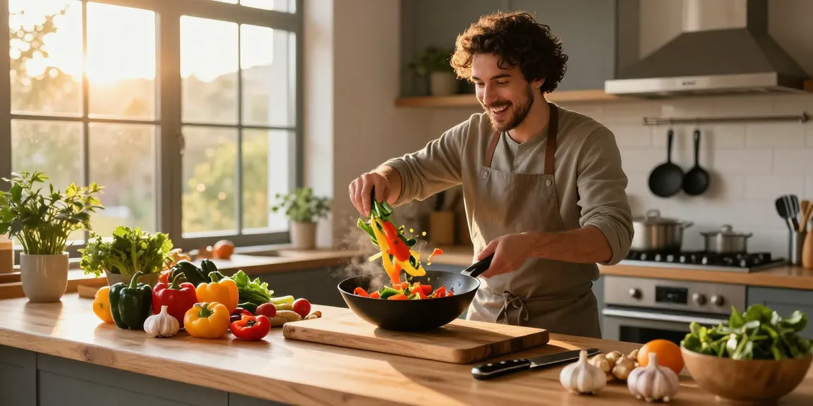 Chef stirring vibrant vegetables in cozy kitchen, showcasing cuisines-a-flo.com’s culinary passion.