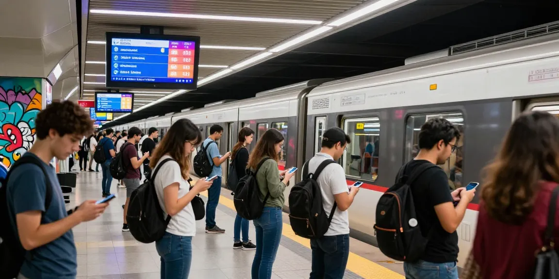 Real-time subway arrivals displayed on digital screens as commuters check mobile devices in a bustling urban subway station.