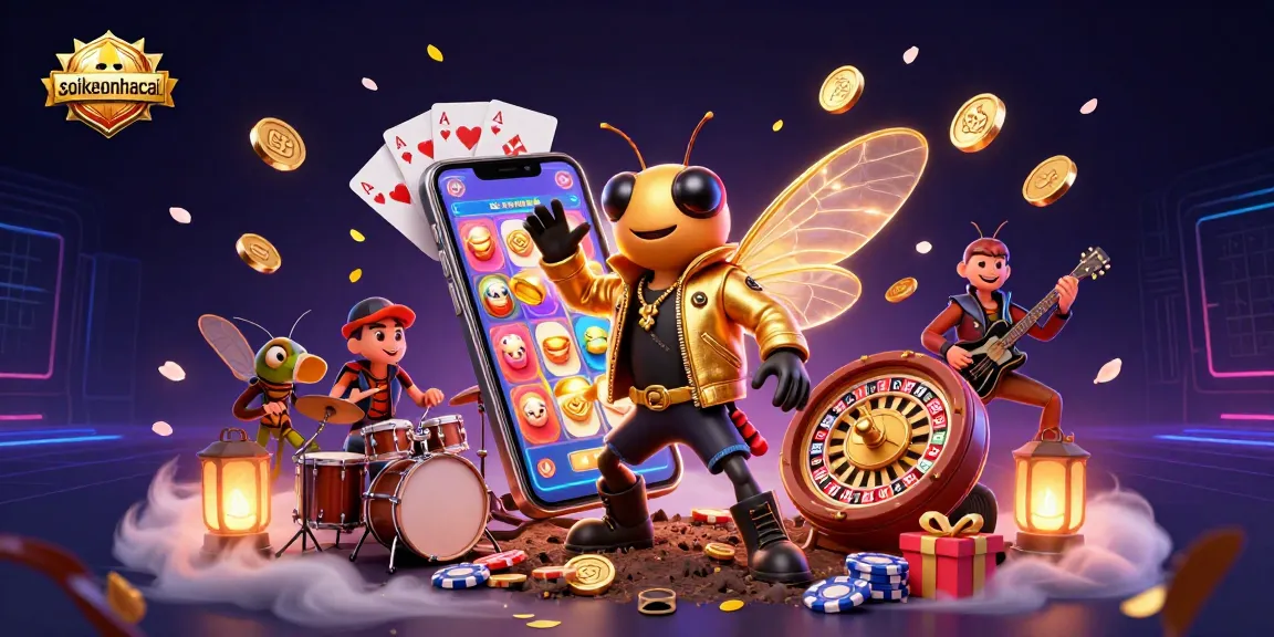 Engage with soikeonhacai through vibrant visuals of a rock star cicada amidst dynamic casino game elements.