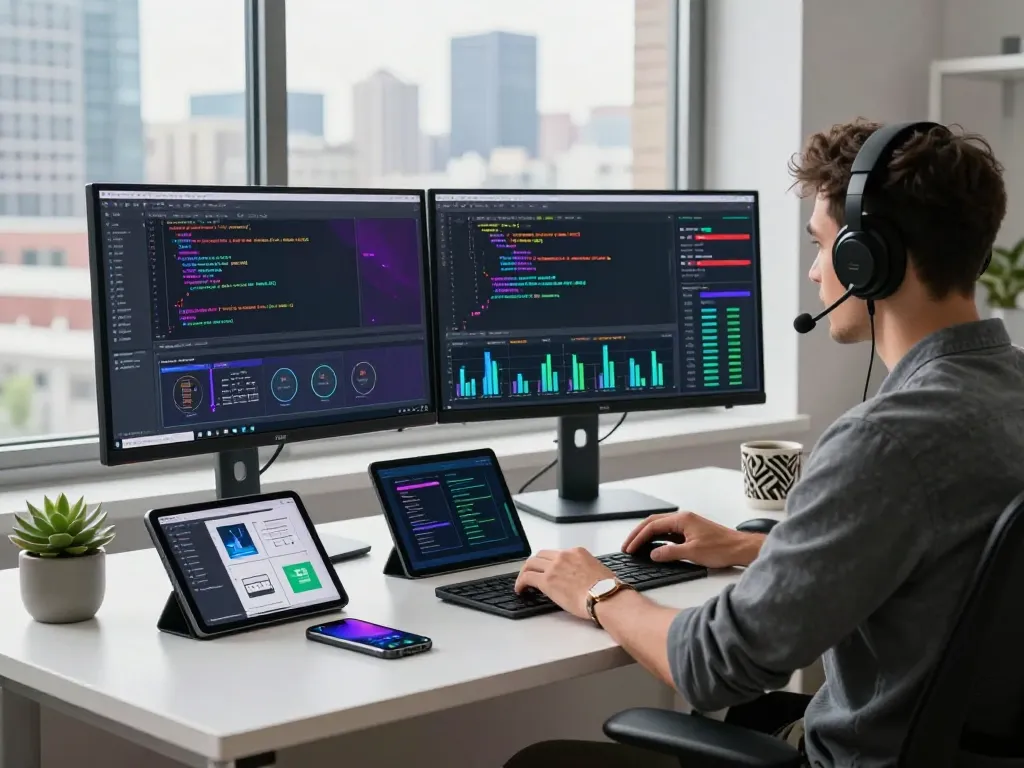 Dynamic workspace featuring a developer coding with dual monitors, illustrating the image to prompt ai tool in action, conveying a tech-savvy ambiance.
