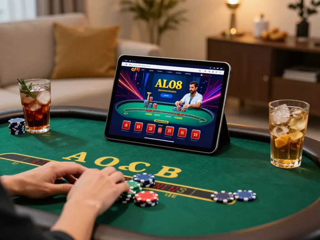 Engage in live dealer poker gameplay on ALO8 in a cozy home setting.