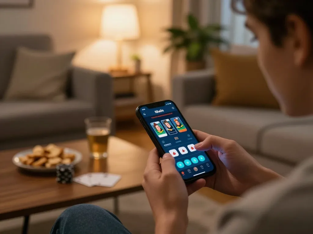 Gambling enthusiast using the 58wiin app for poker in a cozy living room