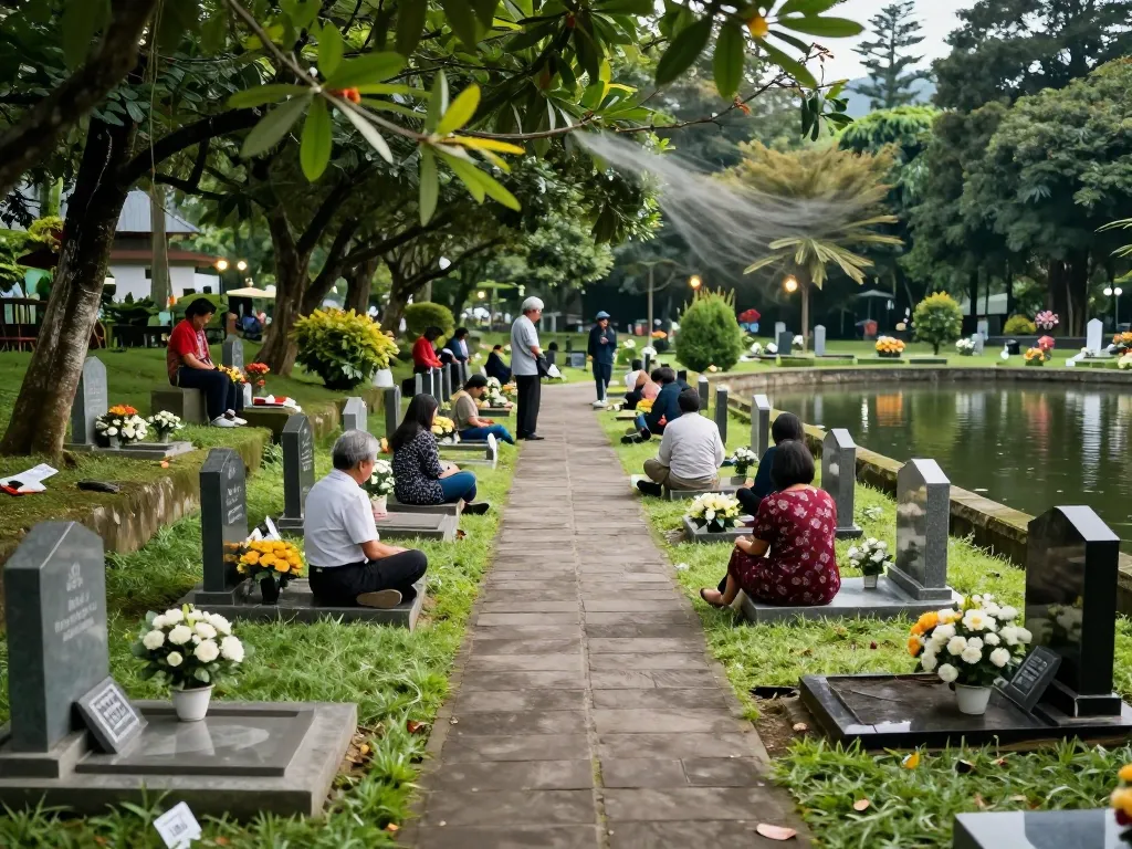 Jasa pemakaman jogja, serene memorial scene at Gunung Sempu Hills with families remembering loved ones.