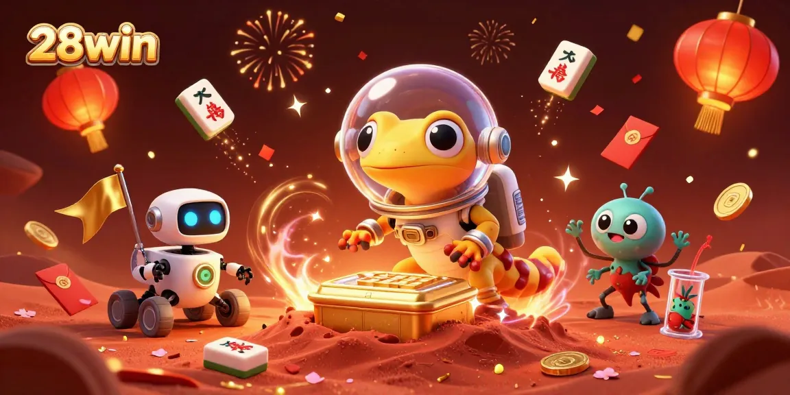 Bet on 28win's dynamic casino adventure featuring Martian gecko exploring a golden casino.