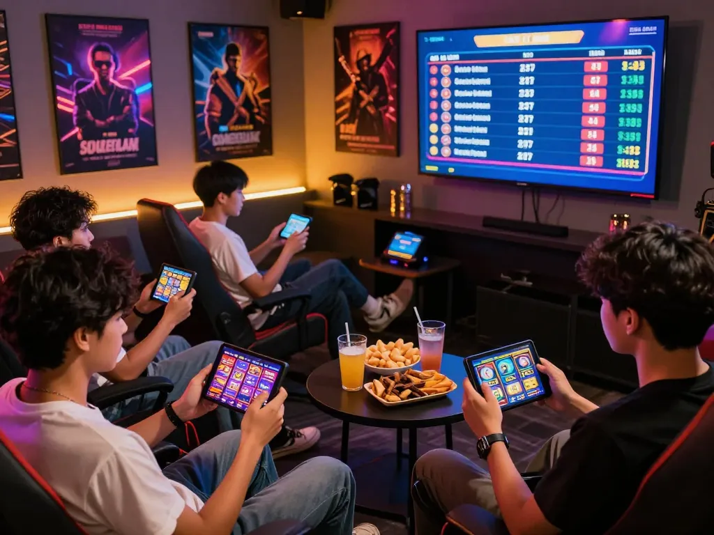 Engaged players enjoying slot gacor games in a lively gaming lounge, showcasing vibrant interfaces and welcoming atmosphere.