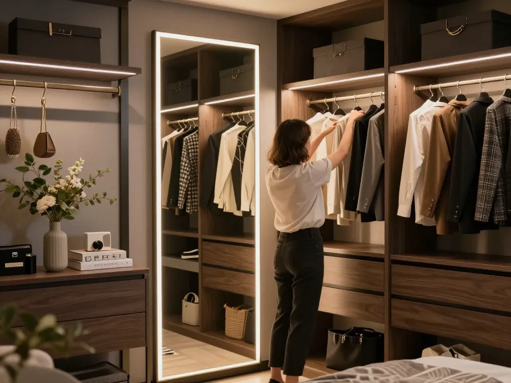 Walk in closet ใน ห้อง นอน showcasing a stylish organization system with open shelves and elegant decor.