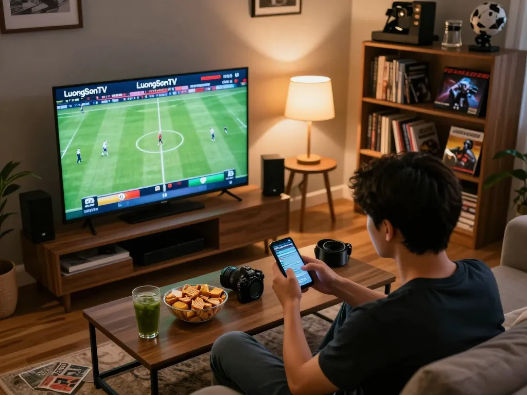 Engaging user placing bets on Luongsontv while watching a live football match at home.