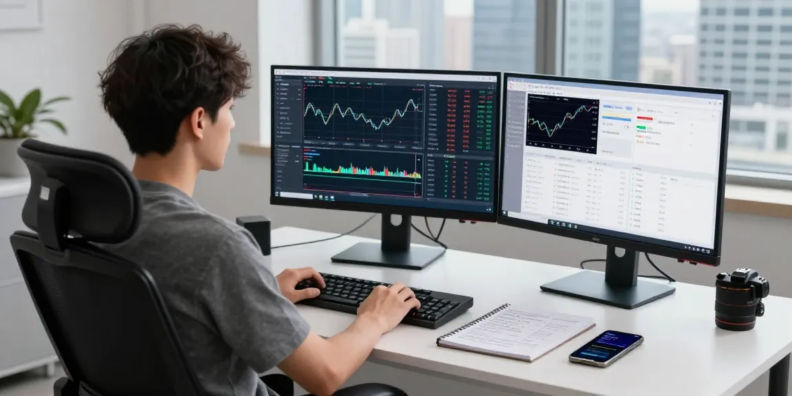 Trader utilizing mt5 on multiple monitors in a modern trading workspace