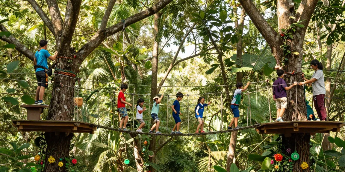 Children crossing a rope bridge in a vibrant tree canopy, showcasing adventure and family fun.
