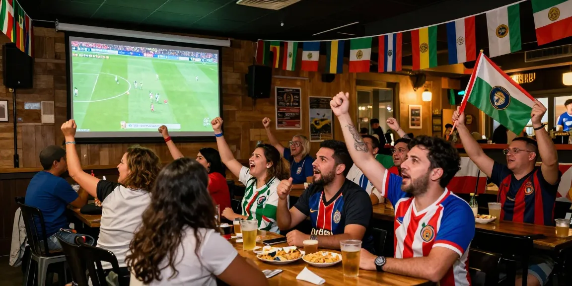 Jadwal piala dunia 2026, penggemar sepak bola merayakan pertandingan di bar dengan suasana hangat dan meriah.