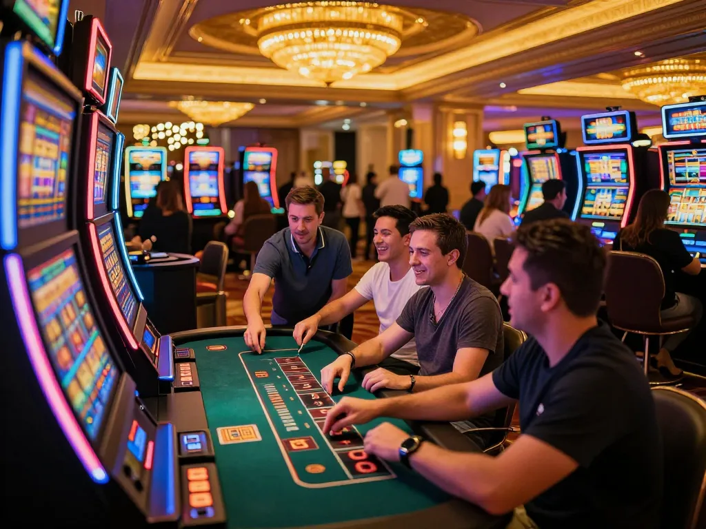 Luck8 players enjoying vibrant slot machines in a luxurious casino environment