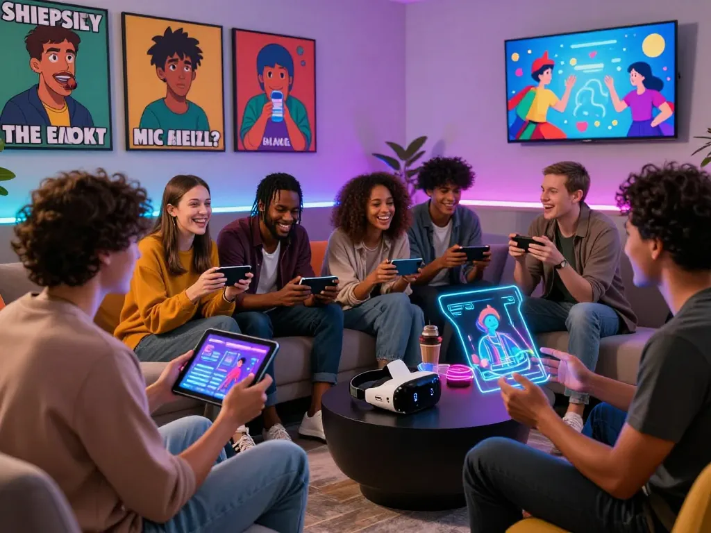 Interactive scene showcasing nsfw ai chat in a modern digital lounge with friends.