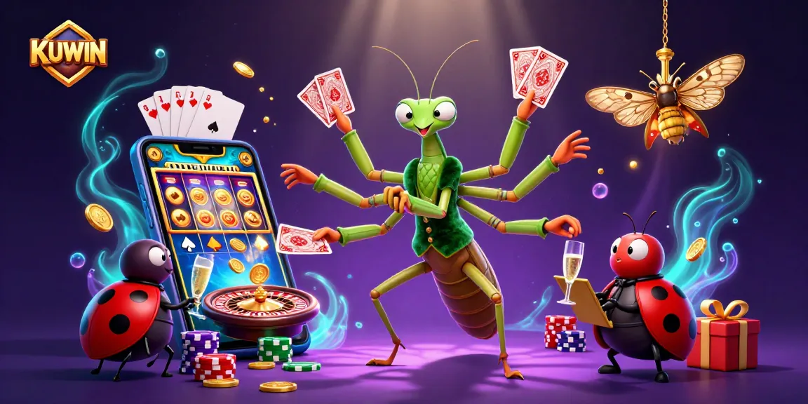 Join the excitement at KUWIN, showcasing a dynamic scene of a giant card sharp and ladybug pit boss amidst thrilling casino elements.