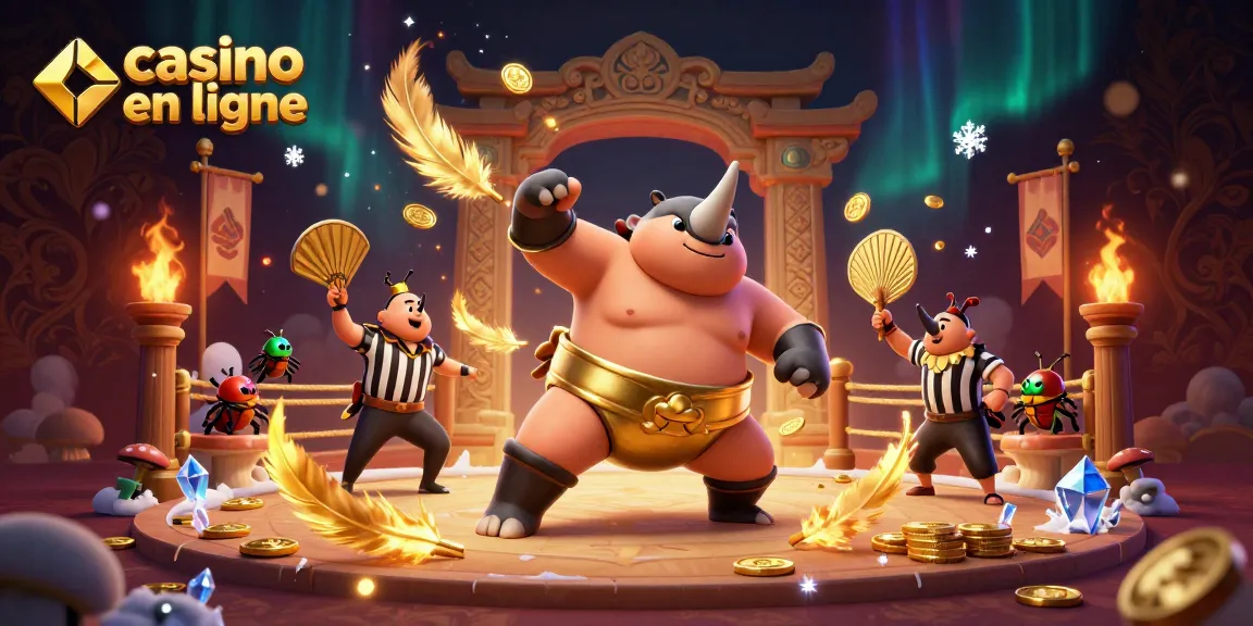 Illustration d'un championnat de sumo de rhinocéros et de cricket avec des pièces d'or dans un casino en ligne